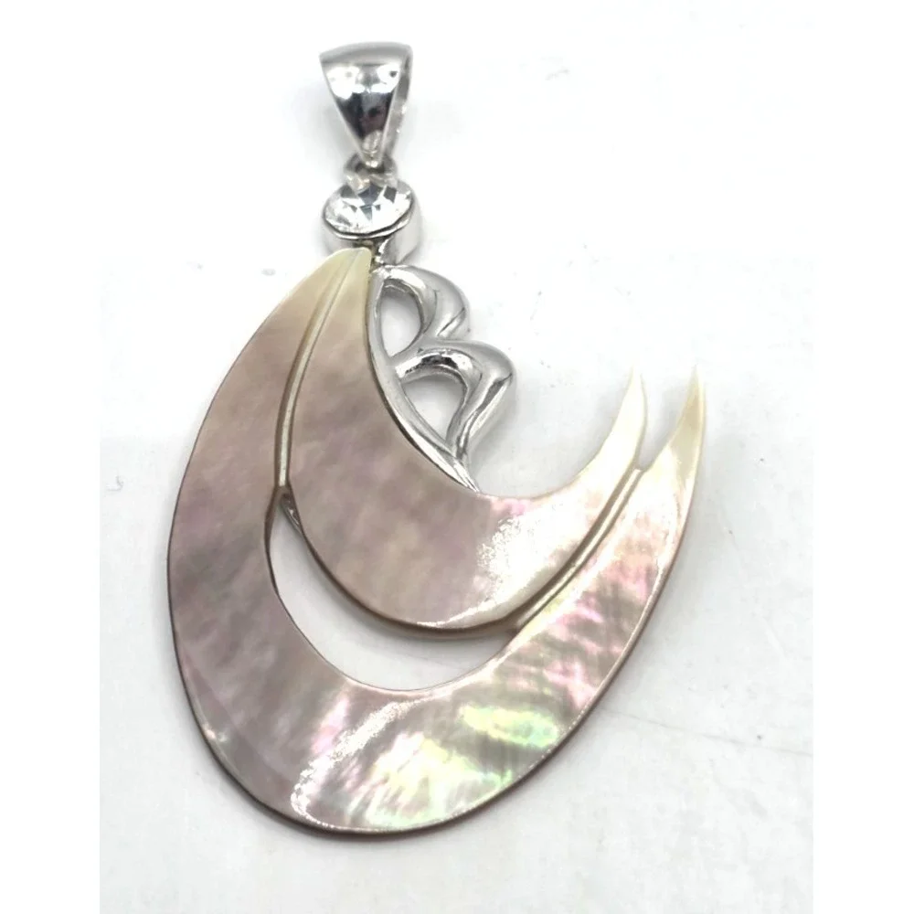 Mother of Pearl Wave Sterling Silver Letter‎ B CZ Pendent 2.5